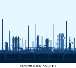 Oil And Gas Refinery Or Chemical Plant With Train Tanks. Crude Oil Processing And Refining. Heavy Industry Blue Background. Vector Illustration. 