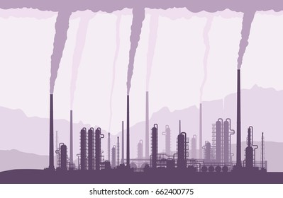 Oil And Gas Refinery Or Chemical Plant With Smoking Chimneys. Crude Oil Processing And Refining. Vector Illustration