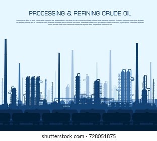 Oil And Gas Refinery Or Chemical Plant With Train Tanks. Crude Oil Processing And Refining.  Vector Illustration. 