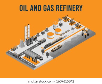 Oil and Gas refinery concept 3d isometric with offshore oil rig, tanker, Pump, Transportation,
 factory and gas station. Vector illustration.