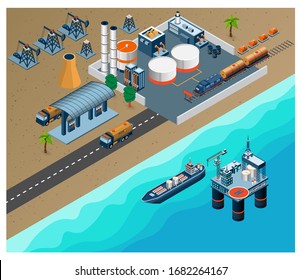 El concepto de refinería de petróleo y gas 3d es isométrico con plataforma petrolífera marina, petrolera, bomba, transporte, fábrica y gasolineras. Ilustración vectorial. 