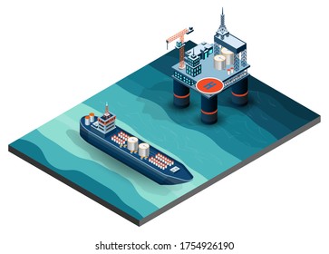 El concepto de refinería de petróleo y gas 3d es isométrico con plataforma petrolífera marina, petrolero, bombeo, transporte,
 fábrica y gasolinera. Ilustración vectorial. 