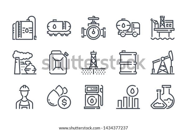 Oil and gas\
related line icon set. Fuel industry linear icons. Gasoline outline\
vector signs and symbols\
collection.