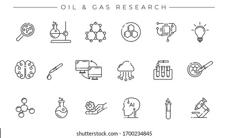 Conjunto de iconos vectoriales del estilo de línea de la investigación sobre el petróleo y el gas