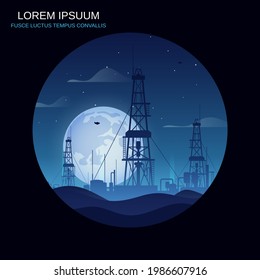 Oil and gas rigs over blue desert night vector illustration. Industrial landscape background