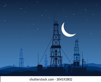 Oil and gas rigs over night desert vector illustration. Industrial landscape background