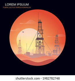 Oil and gas rigs over orange desert sunset vector illustration. Industrial landscape background