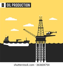 Oil and gas in the sea and ocean, landing on offshore oil refinery, tanker ship service moving oil and gas offshore platforms. Vector illustration