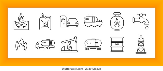 Oil and gas set icon. Fire, jerrycan, fuel pump, tanker, refinery, barrel, flame, pipeline, and offshore drilling icons visually covering fossil energy, transport, and storage themes.
