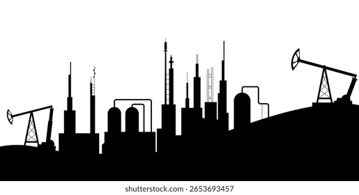 Gás de petróleo em design de silhueta. Indústria petrolífera, produção de gás. Oleodutos de petróleo. Extração de petróleo e produção de refinarias. Indústria petrolífera, ilustração vetorial