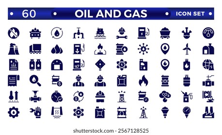 Oil and gas solid web icon set. Solid icons collection. Oil and Gas icon set. Containing fuel, refinery, petroleum, oil well, gas pump, offshore platform, lubricant, oil barrel and more
