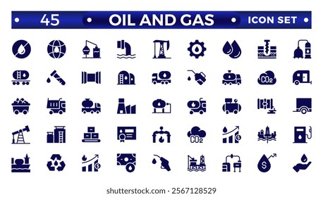 Oil and gas solid web icon set. Solid icons collection. Oil and Gas icon set. Containing fuel, refinery, petroleum, oil well, gas pump, offshore platform, lubricant, oil barrel and more
