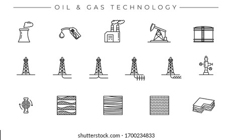 Conjunto de iconos vectoriales del estilo de línea de la tecnología de petróleo y gas