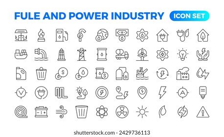 Conjunto de iconos web de línea delgada de petróleo y gas. Conjunto de iconos de Energía e Industria. Iconos industriales. Colección de iconos de energía. fuentes alternativas de energía. Conjunto de iconos de esquema.