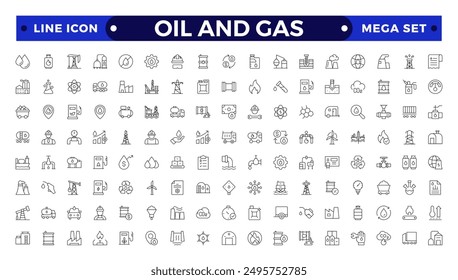 Oil and gas thin line web icon set. Outline icons collection. Oil and Gas icon set. Containing fuel, refinery, petroleum, oil well, gas pump, offshore platform, lubricant, oil barrel and more
