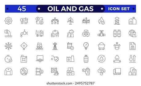 Oil and gas thin line web icon set. Outline icons collection. Oil and Gas icon set. Containing fuel, refinery, petroleum, oil well, gas pump, offshore platform, lubricant, oil barrel and more
