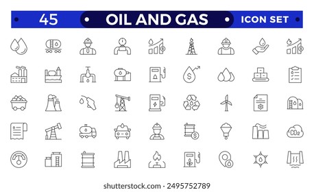 Oil and gas thin line web icon set. Outline icons collection. Oil and Gas icon set. Containing fuel, refinery, petroleum, oil well, gas pump, offshore platform, lubricant, oil barrel and more
