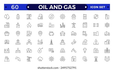 Conjunto de iconos de Web de línea delgada de petróleo y gas. Colección de iconos de esquema. Conjunto de iconos de Petróleo y Gas. Contiene combustible, refinería, petróleo, pozo de petróleo, bomba de gas, plataforma offshore, lubricante, barril de petróleo y más
