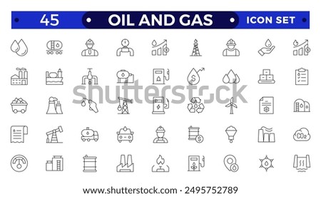 Oil and gas thin line web icon set. Outline icons collection. Oil and Gas icon set. Containing fuel, refinery, petroleum, oil well, gas pump, offshore platform, lubricant, oil barrel and more
