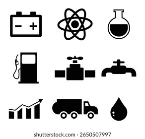 Conjunto de ícones da web de petróleo e gás. Contendo refinaria, lubrificante, petróleo, posto de gasolina, tubulação, barril, combustível, bomba de gás, reservatório natural, óleo do motor. Ilustração de vetor simples.