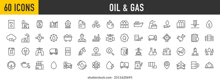 Ícones da web de óleo e gás em estilo de linha. Combustível, posto de gasolina, refinaria, petróleo, poço de petróleo, bomba de gás, energia, barril, indústria, transporte, coleta. Ilustração vetorial.	