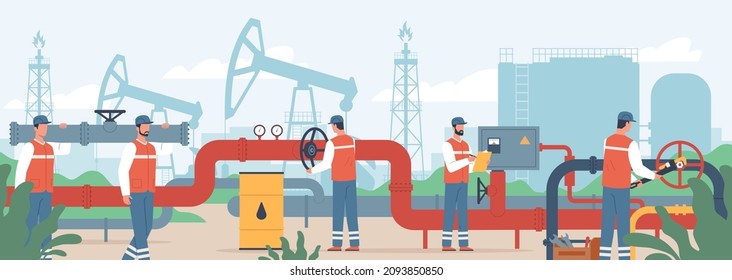 Oil gas workers. Petroleum engineers control operation of fuels pipeline. Men in uniform carry pipe fragment and regulate valves. Industrial construction. Oilman job. Vector concept
