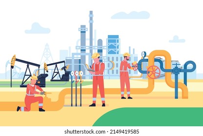 Oil gas workers. Petroleum pipeline engineers. Factory work people. Energy resources. Rigs and pumps. Fossil resource. Fuel products industry. Petrol production workers