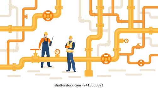 Oil gas workers. Petroleum pipeline engineers. Pipelines and pumps.  Energy resources. Fuel products industry. Petrol production workers