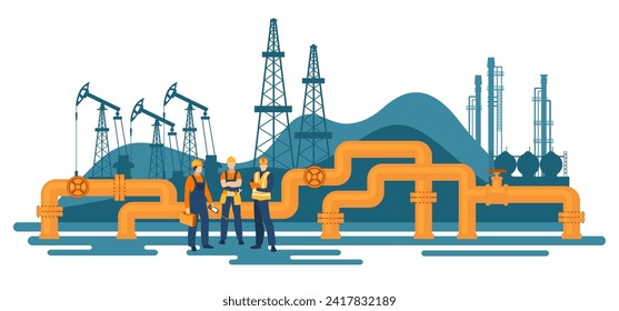 Oil gas workers. Petroleum pipeline engineers. Pipelines and pumps.  Energy resources. Fuel products industry. Petrol production workers