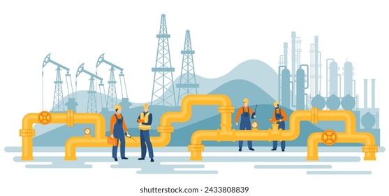 Oil gas workers. Petroleum pipeline engineers. Pipelines and pumps.  Fuel products industry. Petrol production workers