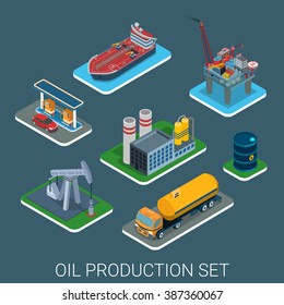 Oil gasoline production process cycle flat 3d web isometric infographic concept vector icon set. Extraction sea platform refinery logistics delivery tanker ship gas petrol refill station sale.