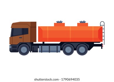 Oil Gasoline Tanker Truck, Gasoline and Petroleum Production Industry Flat Style Vector Illustration Isolated on White Background