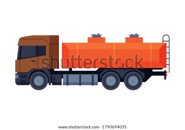 Oil Gasoline Tanker Truck, Gasoline and\
Petroleum Production Industry Flat Style Vector Illustration\
Isolated on White\
Background