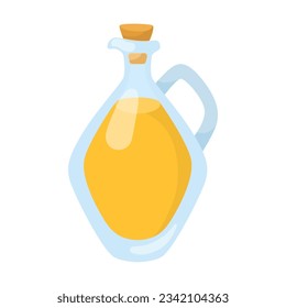 Oil glass bottle with handle illustration. Cartoon drawing of cooking oil, yellow liquid in bottle isolated on white background. Organic food concept