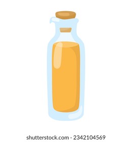 Oil glass bottle with spout vector illustration. Cartoon drawing of cooking oil, yellow liquid in bottle isolated on white background. Organic food concept