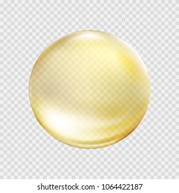 Oil gold bubble isolated on transparent background. Cosmetic pill capsule of vitamin E, A or argan oil. Golden glass ball template. Vector realistic yellow serum droplet of drug or collagen essence.