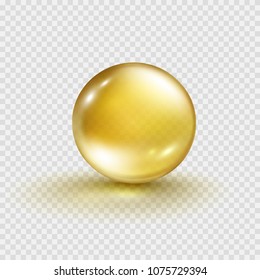 Oil gold bubble isolated on transparent background. Cosmetic pill capsule of vitamin E, A or argan oil. Golden glass ball template. Vector realistic yellow serum droplet of drug or collagen essence. Oil gold bubble isolated on transparent background. Cosmetic pill capsule of vitamin E, A or argan oil. Golden glass ball template. Vector realistic yellow serum droplet of drug or collagen essence.
