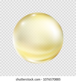 Oil gold bubble isolated on transparent background. Cosmetic pill capsule of vitamin E, A or argan oil. Golden glass ball template. Vector realistic yellow serum droplet of drug or collagen essence.