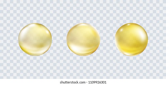 Burbuja de oro del petróleo aislada en un fondo transparente. Cápsula de píldora cosmética de vitamina E, A o aceite de argán. Plantilla de bola de vidrio dorado. Gotas séricas de fármaco o colágeno realistas en el vector.