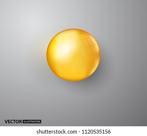 Oil gold bubble isolated on transparent background. Cosmetic pill capsule of vitamin E, A or argan oil. Golden glass ball template.