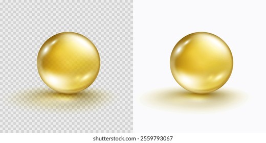 Oil gold bubble isolated on transparent background. Cosmetic vitamin capsule or pill of vitamin E, A or omega 3. Golden glass ball template. Vector 3d serum collagen essence