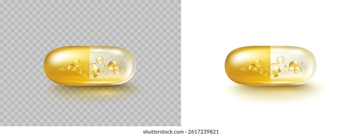 Oil gold bubble isolated on transparent background. Cosmetic vitamin capsule. Golden pill of vitamin E, A or omega 3 template. Vector 3d serum collagen essence