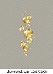 Oil gold bubbles isolated on transparent background. Cosmetic pill capsule of vitamin E, A or argan oil. Golden glass balls template. Vector realistic serum droplets of drug or collagen essence.