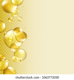 Oil gold bubbles isolated on transparent background. Cosmetic pill capsule of vitamin E, A or argan oil. Golden glass balls template. Vector realistic serum droplets of drug or collagen essence.