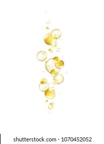 Oil gold bubbles isolated on white background. Cosmetic pill capsule of vitamin E, A or argan oil. Golden glass balls template. Vector realistic serum droplets of drug or collagen essence.
