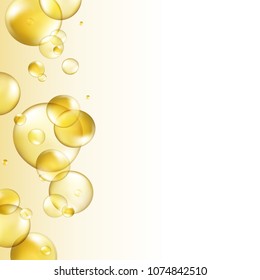 Oil gold bubbles isolated on white background. Cosmetic pill capsule of vitamin E or argan oil. Golden balls template. Vector realistic serum droplets of drug or collagen essence with place for text