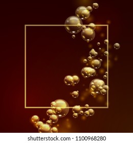 Oil gold bubbles isolated on a dark background. Golden balls template. Cosmetic pill capsule of vitamin E or argan oil. Vector realistic serum droplets of drug or collagen essence with place for text