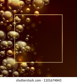 Oil gold bubbles isolated on a dark background. Golden balls template. Cosmetic pill capsule of vitamin E or argan oil. Vector realistic serum droplets of drug or collagen essence with place for text