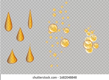 Burbujas de oro de petróleo aisladas en fondo negro. Cápsulas de vidrio dorado cosmético realistas cápsulas de colágeno suero. 