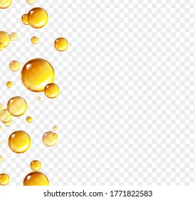 Oil gold bubbles isolated. Vitamin E, A or argan oil cosmetic pill Trasparent collagen capsules